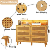 Dresser for Bedroom, 6 Drawer Boho Dresser with LED Light, Rattan Chest of Dressers, Modern Wood Dresser Chest, BesideTable for closet,Storage Organizer Cabinet for Hallway Entryway LivingRoom Natural Hiwelldas