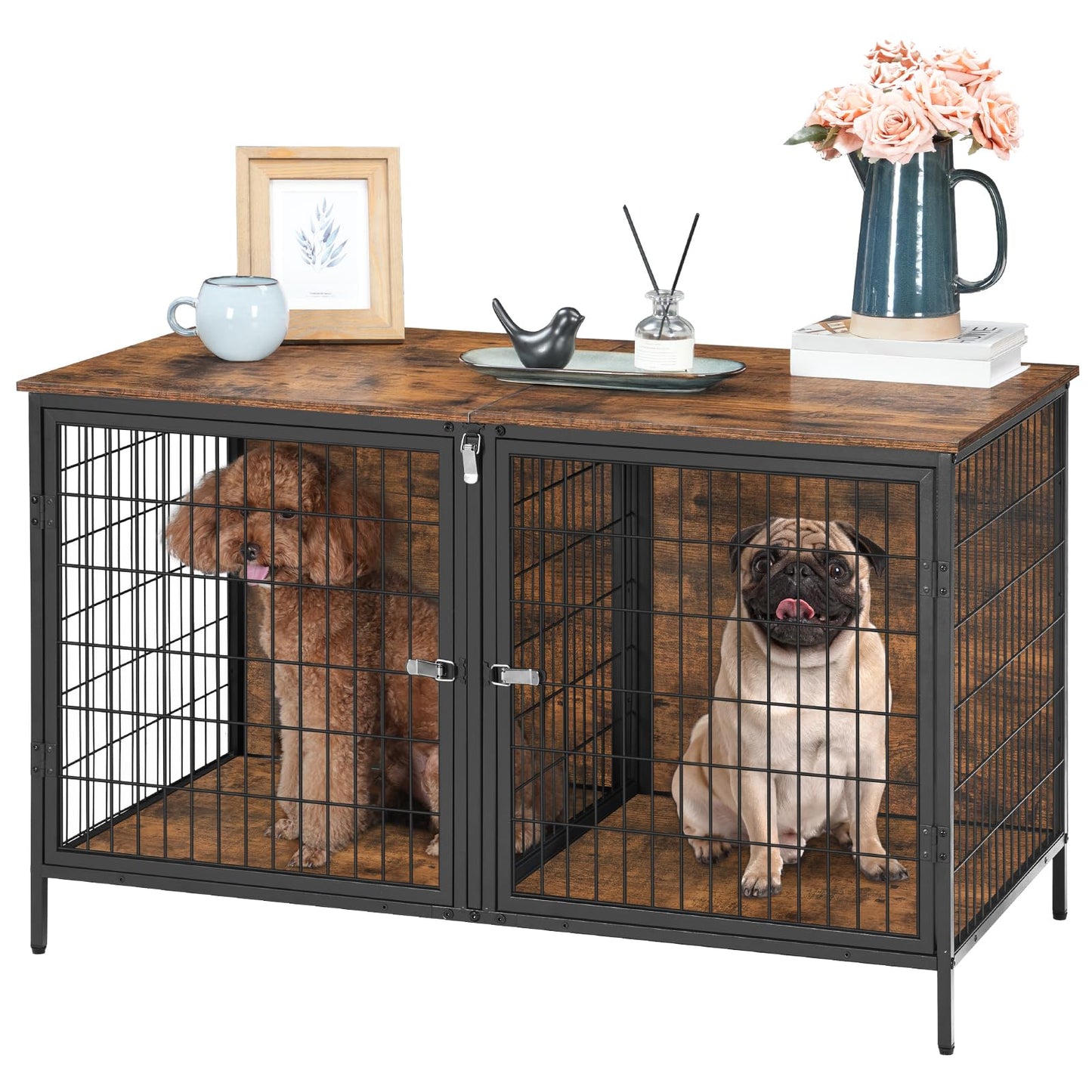 MAHANCRIS Dog Crate Furniture for 2 Dogs, 43.3" Dog Kennel with Removable Divider, Heavy Sturdy Dog Furniture Style Double Cage for Small Medium Dog, Indoor Dog House End Table, Rustic Brown DCHR1201