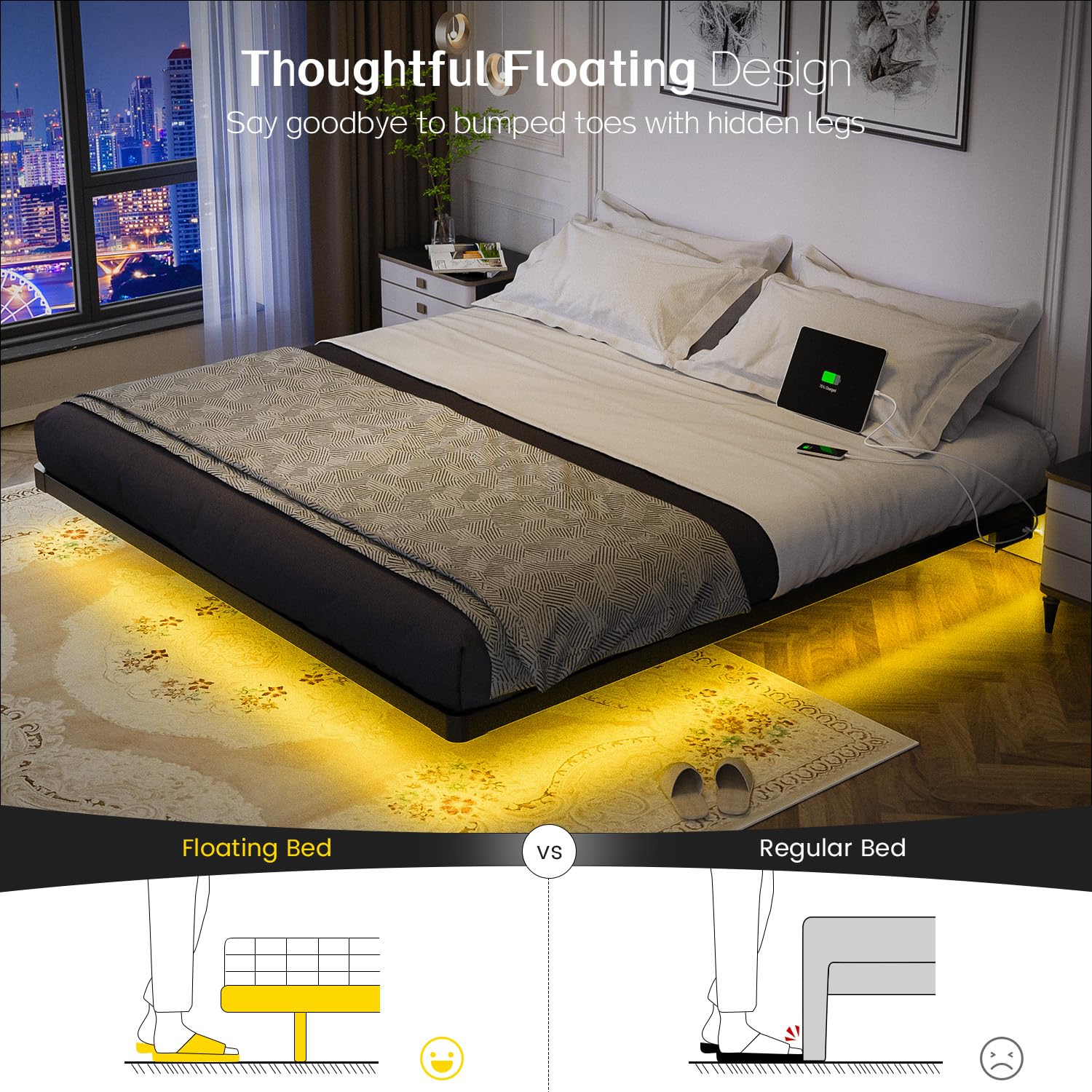 OLEVS King Size Floating Bed Frame with LED Lights and Charging Station - Stylish Metal Platform, No Box Spring Required - WoodArtSupply