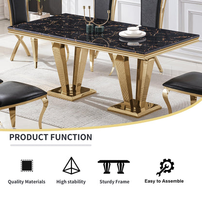 70'' Marble Dining Table,Luxury Rectangular Kitchen Dining Room Table,Dining Table for 4-8 People with Gold U-Shape Stainless Steel Base for Dining Room, Kitchen (Black & Gold-4) - WoodArtSupply