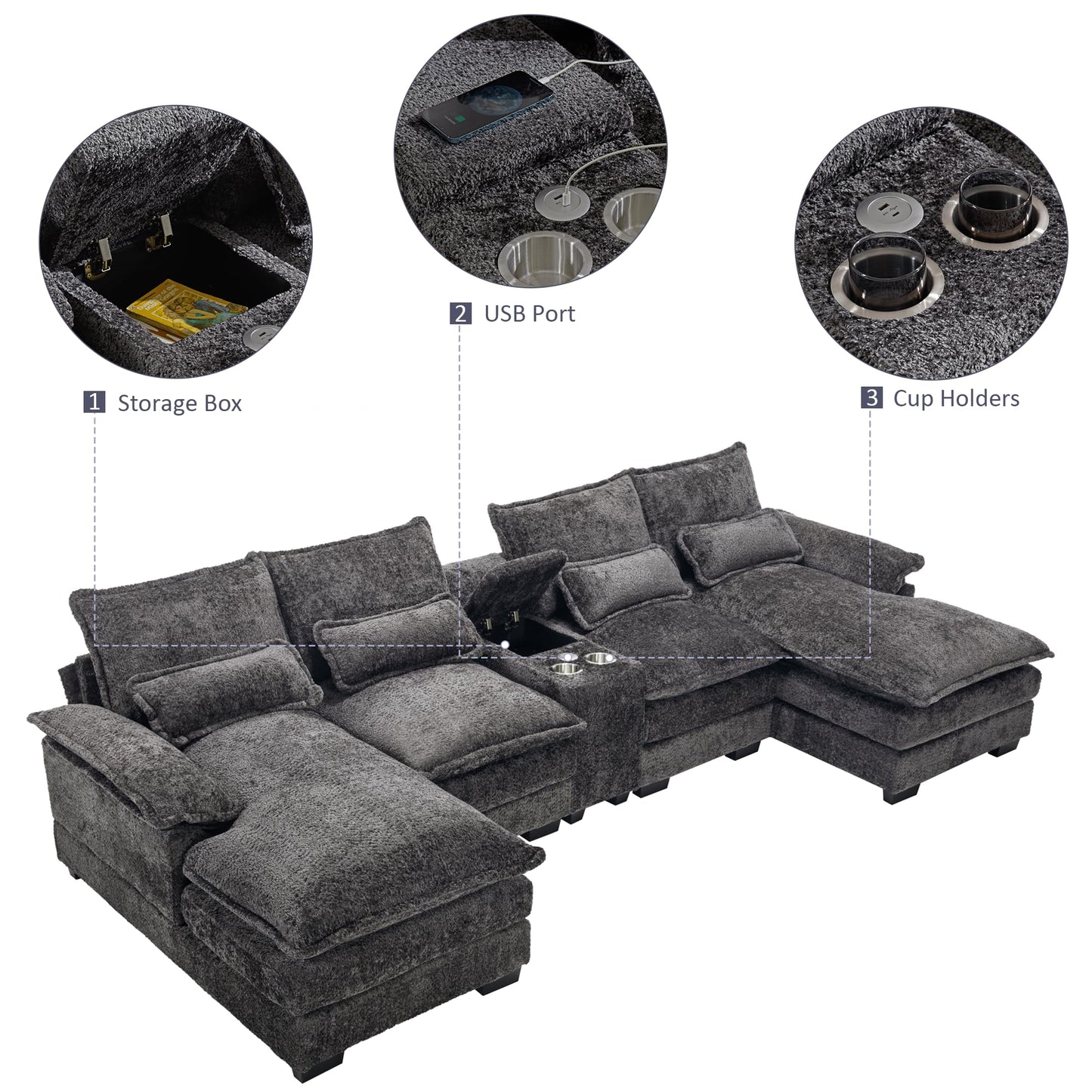 Suheww U Shaped Modular Sectional Sofa, 124.8" Cloud Couch for Living Room, Grey Fluffy Chenille Couch with Console Cupholders and USB Port Comfy Sofas for Apartment Studio Office