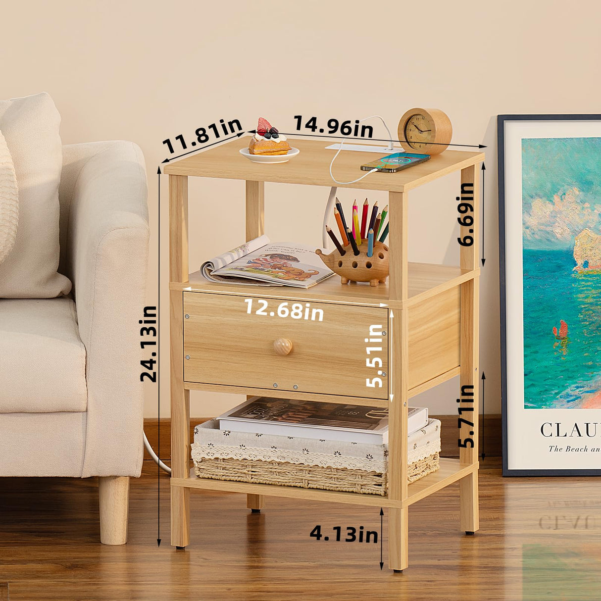 Lerliuo Nightstand with Charging Station and USB Ports, 3-Tier Storage End Table with Drawer Shelf, Night Stand for Small Spaces, Wood Bedside Table for Living Room, Bedroom - Natural Wood Lerliuo