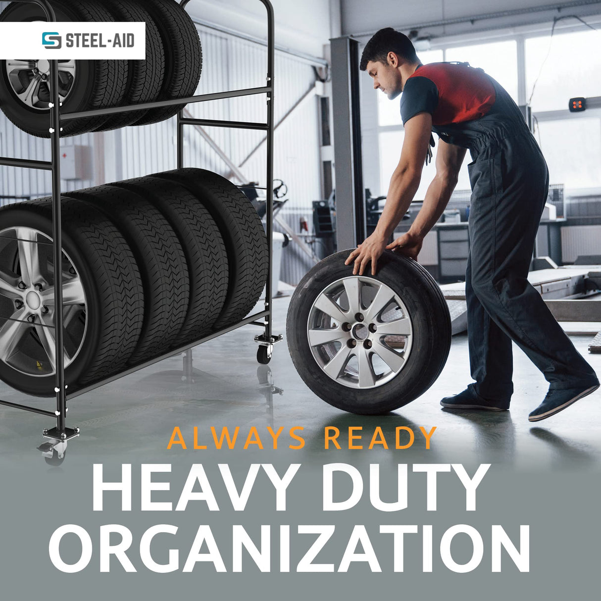 STEELAID Tire Storage Rack - Rolling Rack for Garage - Indoor/Outdoor Shelves 60 inch Organizer STEELAID