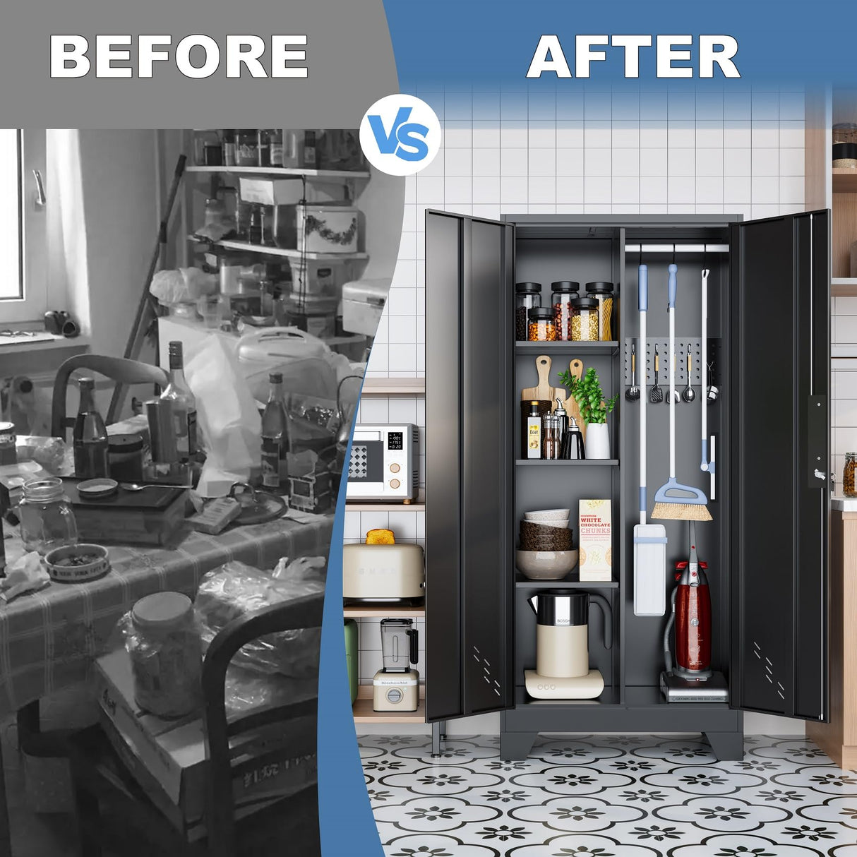 RGGCABINET Metal Storage Cabinet, Black Broom Storage Cabinets with Doors and Shelves, Tall Garage Tool Cabinet, Lockable Cleaning Closet Storage Cabinet for Home, Office, Laundry Room, Warehouses RGGCABINET