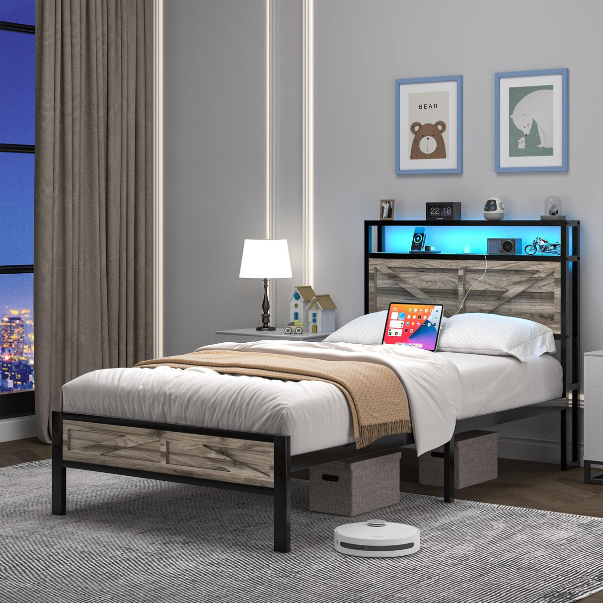 CHABUILDREARK Twin Bed Frame with Charging Station and LED Lights, Metal Platform Bed with Wood Storage Headboard, Rustic Barn Door Design, Noise Free, No Box Spring Needed, Wash Grey CHABUILDREARK