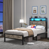 CHABUILDREARK Twin Bed Frame with Charging Station and LED Lights, Metal Platform Bed with Wood Storage Headboard, Rustic Barn Door Design, Noise Free, No Box Spring Needed, Wash Grey CHABUILDREARK