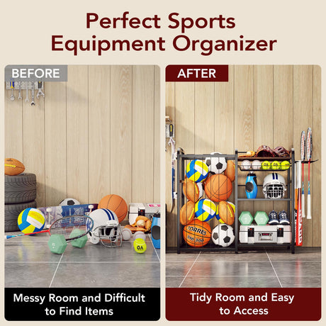 Homsorout Garage Sports Equipment Organizer, Ball Storage for Gear and Toys, Large Capacity, Sports Organizer for Garage with Hooks and Baskets, for golf, Football, Soccer Ball, Bat Homsorout
