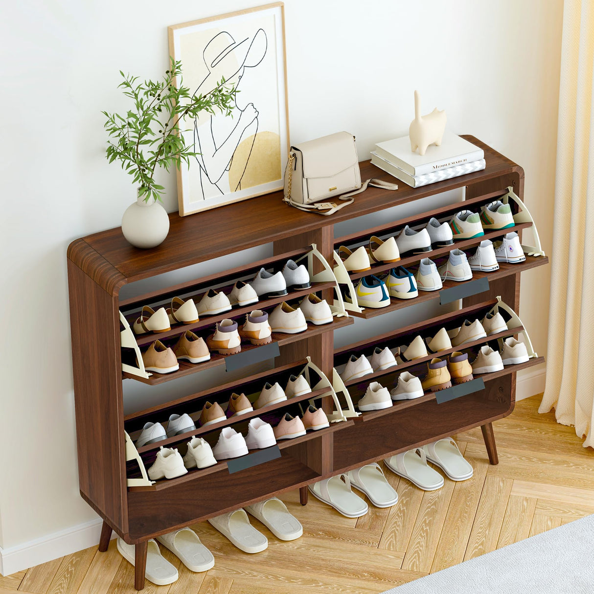 47" Fluted Large Shoe Cabinet with 4 Flip Drawers, Slim Freestanding Shoe Cabinet Organizer, Narrow Shoes Storage Rack for Entryway, 5 Sturdy Legs (All Walnut, 9.45" D x 47.24" W x 35.83" H) FurSch