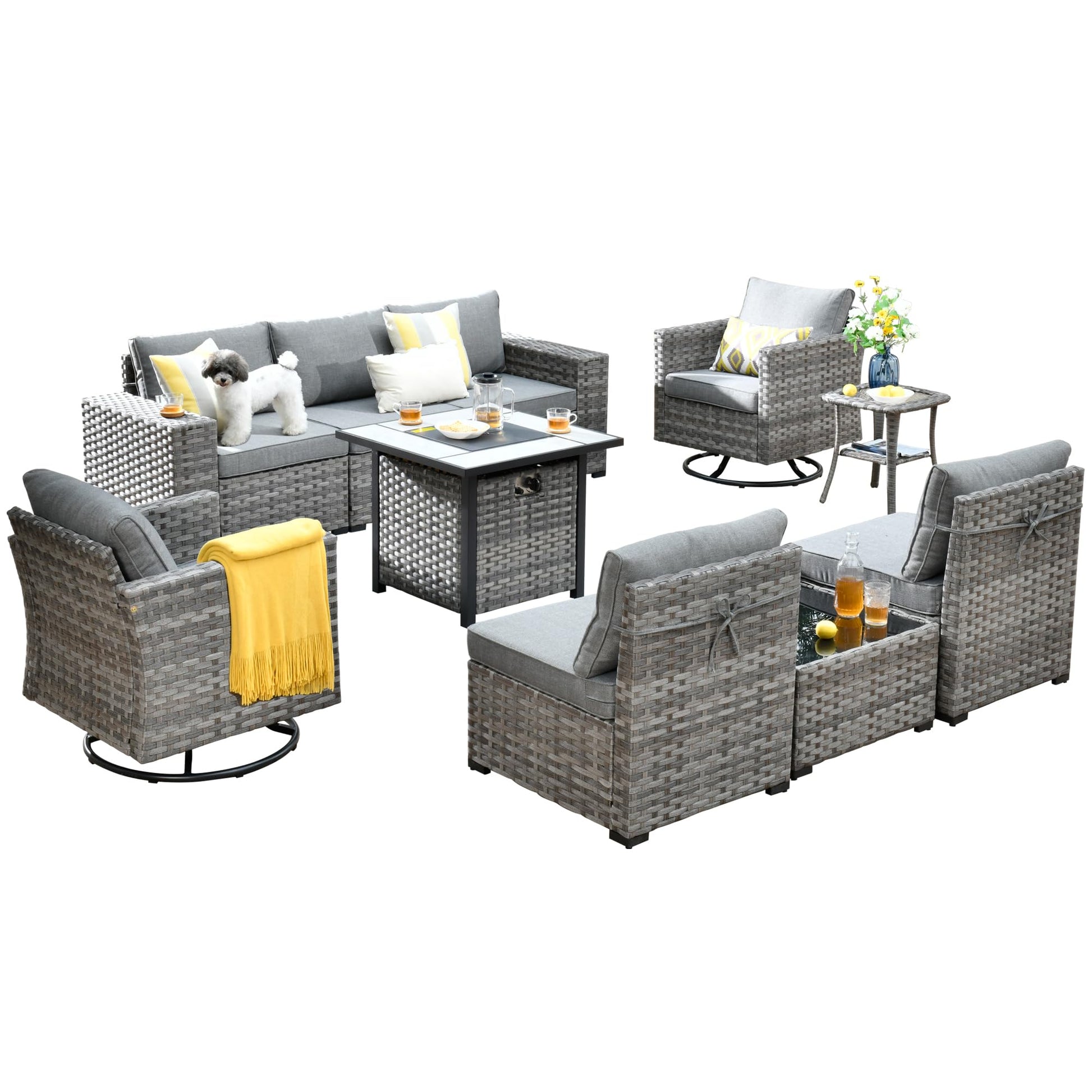 ovios 10 Pieces Patio Furniture Set, Outdoor Sectional Sofa with Swivel Rocking Chairs, Fire Pit Table, Wide Arms and Deep Seat, Modular Wicker Rattan Conversation Set, Dark Grey - WoodArtSupply