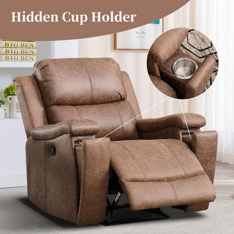EBELLO Recliner Chair, Single Overstuffed Sofa Recliner, Breathable Faux Leather Manual Reclining Chairs with Hidden Cup Holder, Arm and Back for Adults, Living Room, Bedroom, Light Brown EBELLO