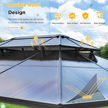 Hardtop Gazebo 10' x 13' W/Polycarbonate Double Roof, Anti-Rust Coating Aluminum Frame Permanent Outdoor Waterproof Pavilion w/Curtains & Netting, Hard Top Gazebo for Patio Backyard Garden La - WoodArtSupply