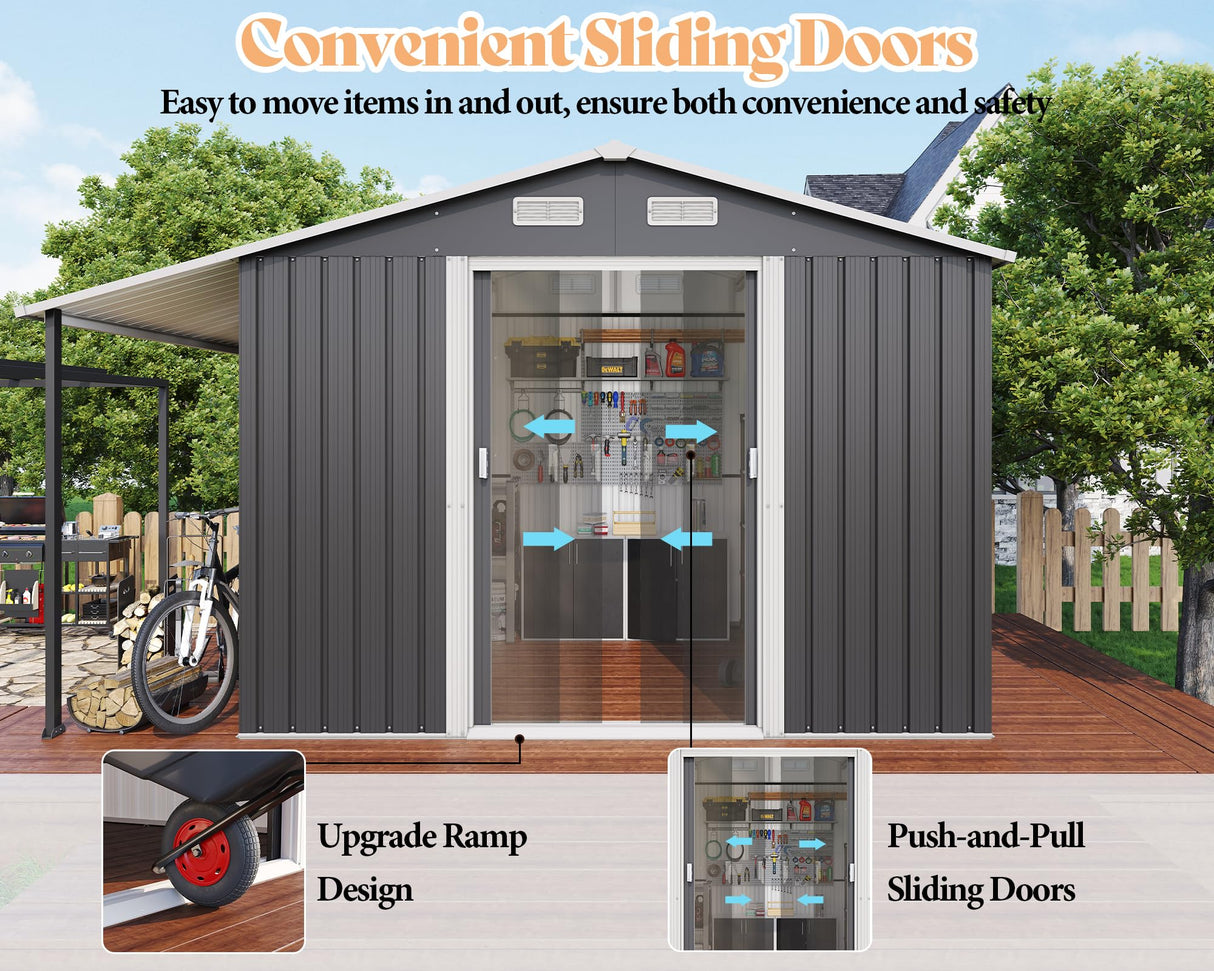 AMERLIFE 10.6x6.8x6.3 FT Galvanized Metal Storage Shed with Open Firewood Bay, Sliding Doors & Ramp, 2 Windows & Vents, Weather-Resistant Outdoor Tool/Garden Shed, Dark Gray AMERLIFE