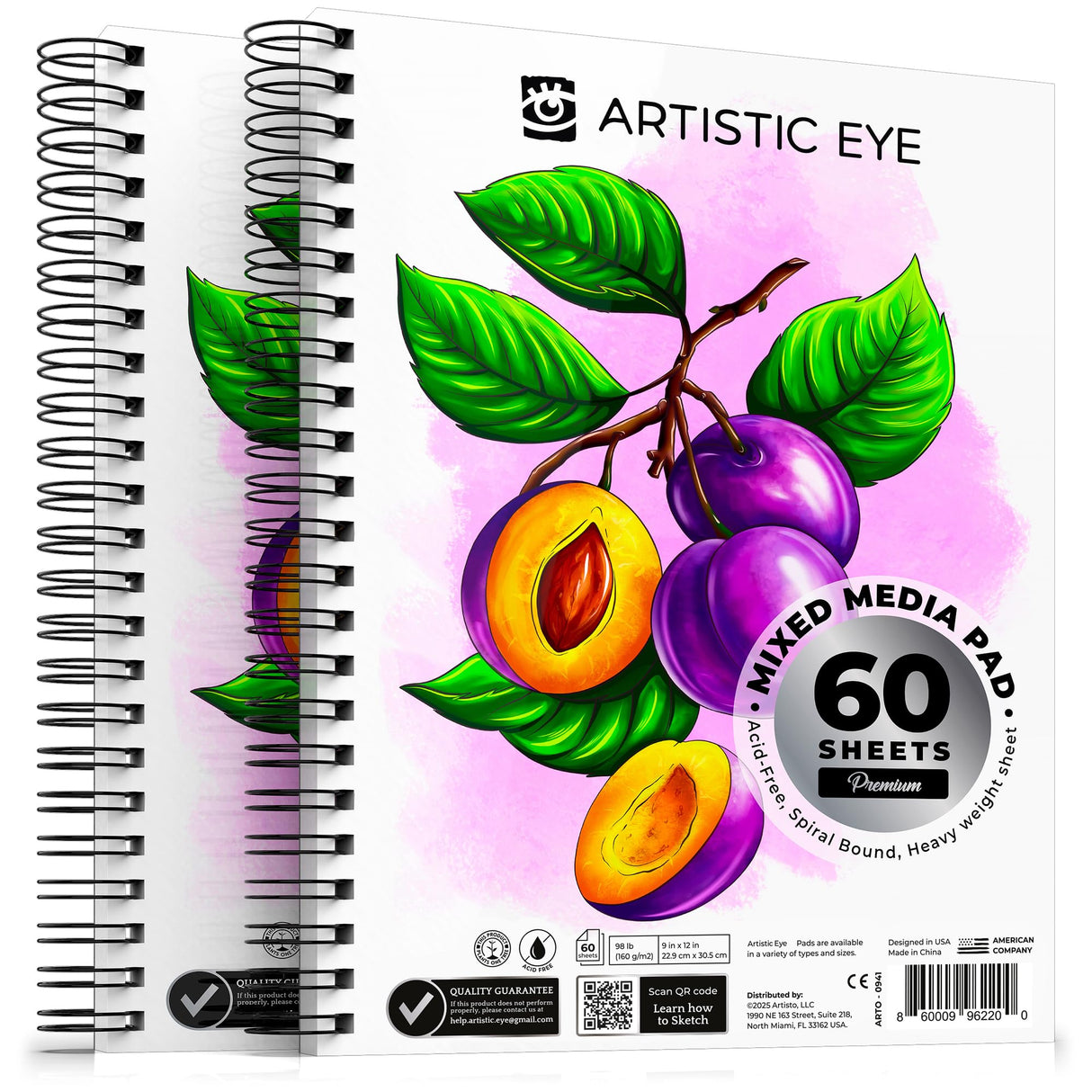ARTISTIC EYE 9x12 Premium Mixed Media Sketchbooks: Pack of 2 (120 Sheets), 160 GSM, Spiral Bound Sketch Pads, Suitable for a Variety of Wet and Dry Media, Ideal for All Artists ARTISTIC EYE