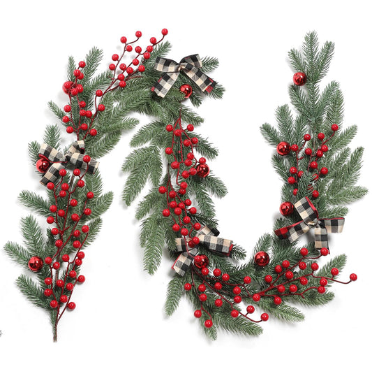 YYHUAWU 6FT Christmas Garland with Red Berries Bows Christmas Balls, Multi-Function Christmas Pine Needles Garland for Mantle Table Front Door Indoor Outdoor Christmas Holiday Decor