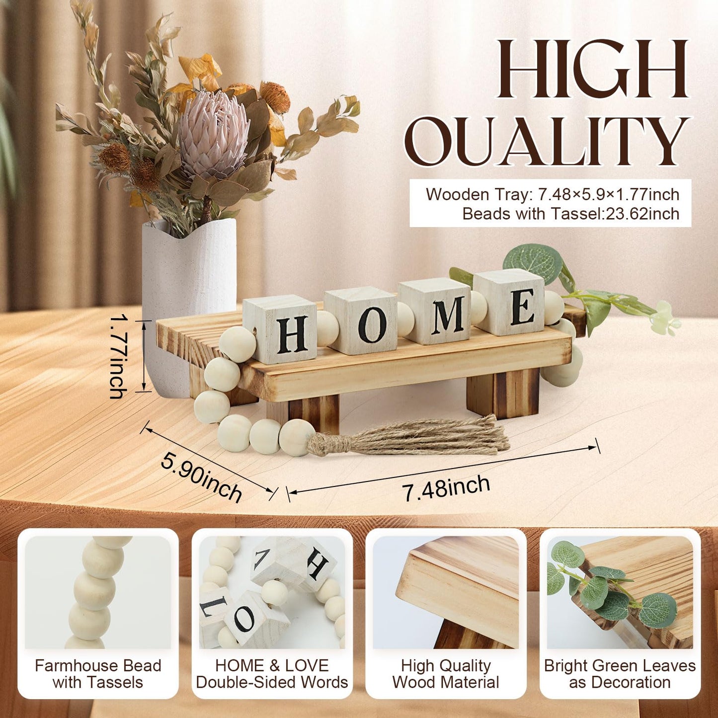 2 Packs Farmhouse Wooden Beads with Small Wooden Tray Home & Love Block Sign Home Decor Beads with Tassel Modern Wood Risers for Decor Wood Pedestal Stand for Bottles Candles Table Shelf Living Room