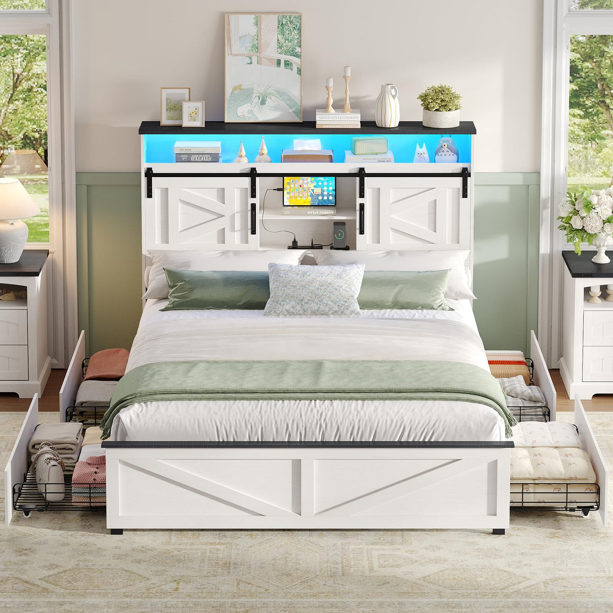 Maupvit Farmhouse Full Size Bed Frame with 4 Drawers and Bookcase Headboard, Sliding Barn Door Storage Shelves, Charging Station，LED Light Metal Platform Bed Frame No Box Spring Needed, White Door K Maupvit