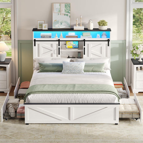 Maupvit Farmhouse Full Size Bed Frame with 4 Drawers and Bookcase Headboard, Sliding Barn Door Storage Shelves, Charging Station，LED Light Metal Platform Bed Frame No Box Spring Needed, White Door K Maupvit