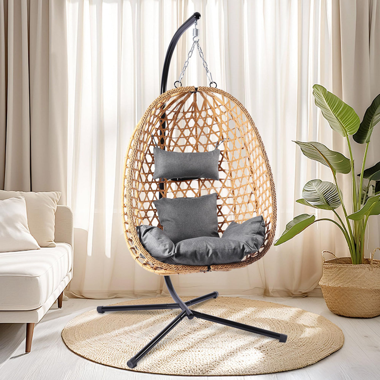 LEX CRAFT Egg Chair with Stand, Patio Wicker Hanging Chair, Hammock Swing Chair, 350LBS Capacity for Bedroom, Balcony, Garden (YE-GR) LEX CRAFT