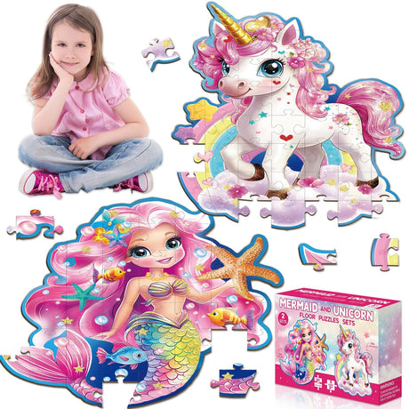 ZOIIWA Unicorn and Mermaid Floor Puzzles for Girls Age 4-6 3-8 Large Mermaid Unicorn Shape Puzzle Set for Kids Jumbo Mermaid Puzzles for Toddler Unicorn Toy Gifts Birthday Party Favors ZOIIWA