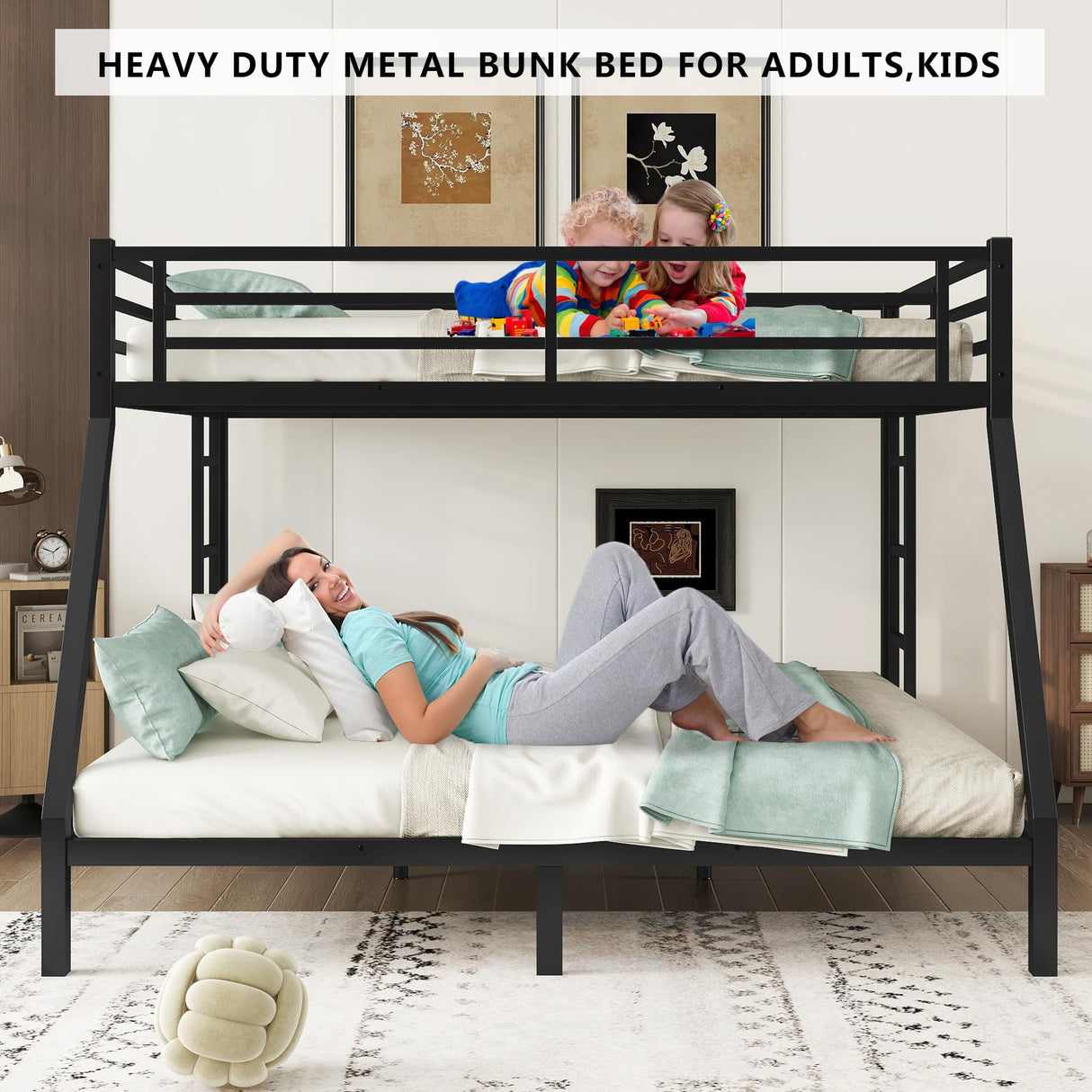 Setawix Metal Queen Over King Bunk Bed,Heavy Duty Queen and King Bunk Beds for Adults,Industrial Bunkbed with Ladders for Kids,Teens,Boys,Girls,Space Saving,Low Noice (Black, Queen Over King) Setawix