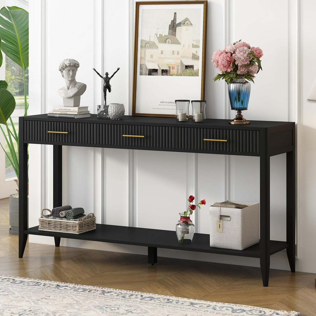 Aiuyesuo 60" Console Table with 3 Vertical Stripe Drawers, Entryway Console Table with Storage Shelf and Long Legs, Suitable for Entryway,Hallway,Living Room,Foyer,Corridor (Black-311J) Aiuyesuo