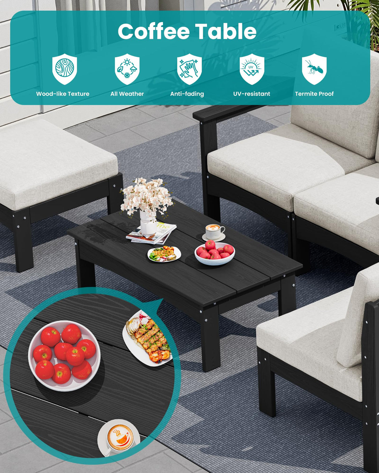 SERWALL 5-Piece Patio Sofas, All-Weather HDPE Outdoor Sectional Sofa with Cushions and Coffee Table, Large Modular Patio Conversation Set for Garden, Lawn, Deck, Porch, Black Frame with Khaki Cushion SERWALL