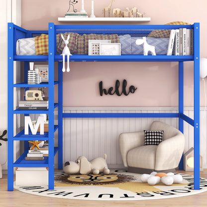 YOPTO Full Size Metal Loft Bed with 4-Tier Shelves and Storage,Heavy Duty Metal Loft Bed Frame w/Bookshelf,No Box Spring Needed,for Kids Teens Adults,Blue