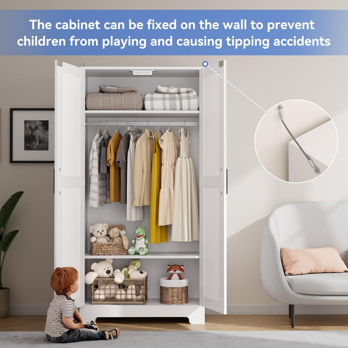 Wooden Armoire Wardrobe Closet, Wardrobe Cabinet with Door and Shelves, Freestanding Bedroom Armoires Clothing Storage Cabinet with Hanging Rod for Bedroom, Laundry Room, Cloak Room（White） Honsiva