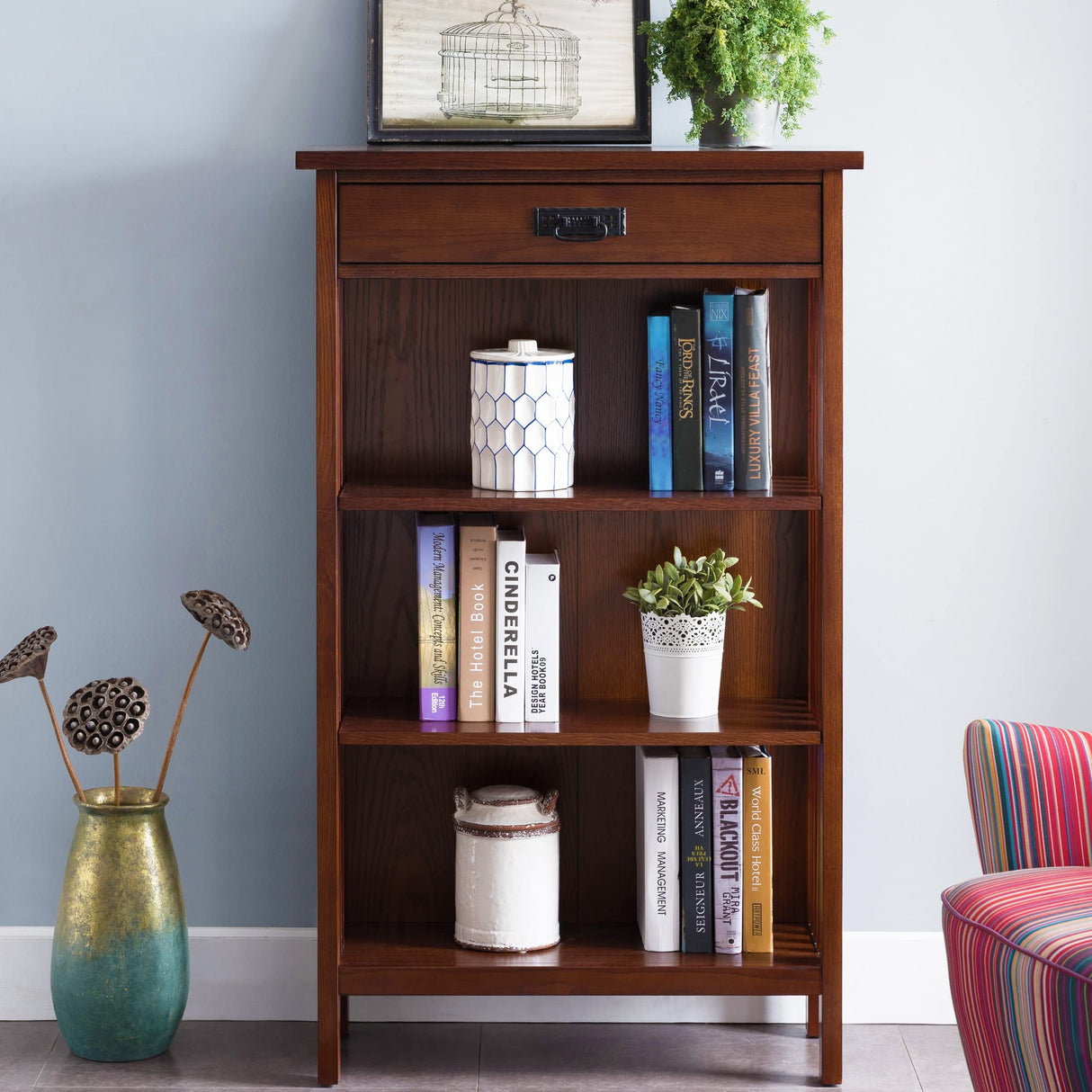 Leick Home 82262 Mission Mantel Height Bookcase with Slatted Sides and Top Drawer, Made with Solid Wood, for Living Rooms, Mission Oak Finish, Brownbronze Leick Home