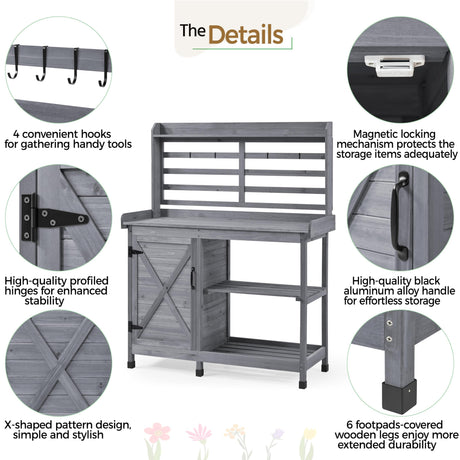 Yaheetech Outdoor Potting Bench, Large Horticulture Work Table Workstation with Storage Cabinet Shelf & Planting Working Console for Patio/Lawn/Garden - Gray Yaheetech