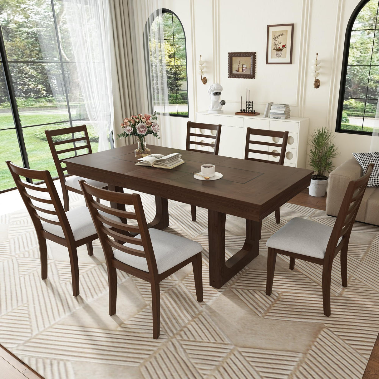 P PURLOVE 7 Piece Extendable Dining Table Set, Wooden Rustic Extendable Table with 18" Move Leaf and 6 Piece Upholstered Chairs for Dining Room, Kitchen (Brown) P PURLOVE