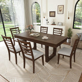 P PURLOVE 7 Piece Extendable Dining Table Set, Wooden Rustic Extendable Table with 18" Move Leaf and 6 Piece Upholstered Chairs for Dining Room, Kitchen (Brown) P PURLOVE