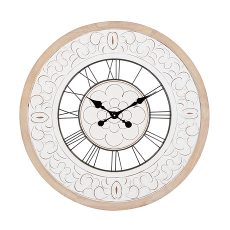 Deco 79 Wooden Floral Decorative Wall Clock Carved Wall Clock for Home with Black Metal Accents, Wall Clock for Room 32" x 2" x 32", White Deco 79
