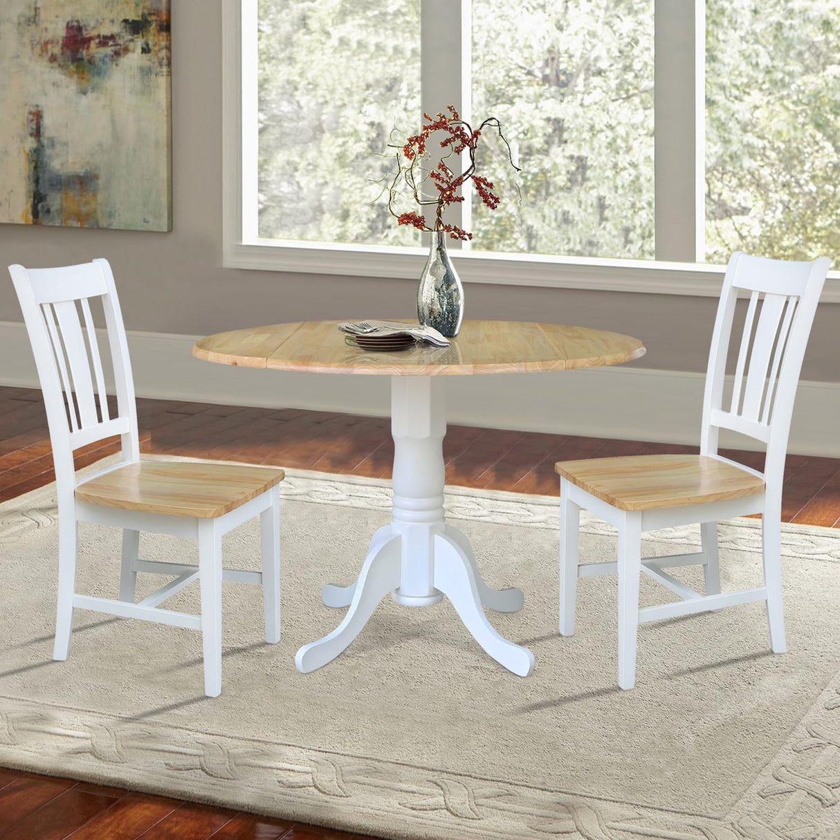 IC International Concepts K02-42DP-C10-2 42" Dual Drop Leaf Table with 2 San Remo Splatback Chairs-3 Piece Dining Set, White/Natural IC International Concepts