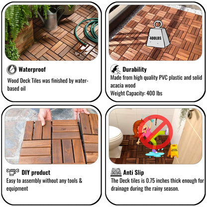 Dolonm Interlocking Solid Wood Deck Tiles, Golden Teak Wood for Flooring Tiles, for Patio Balcony Waterproof Both Indoor and Outdoor Decking Tile Brown 12 x 12 x 0.7 inches Pack of 20 - WoodArtSupply