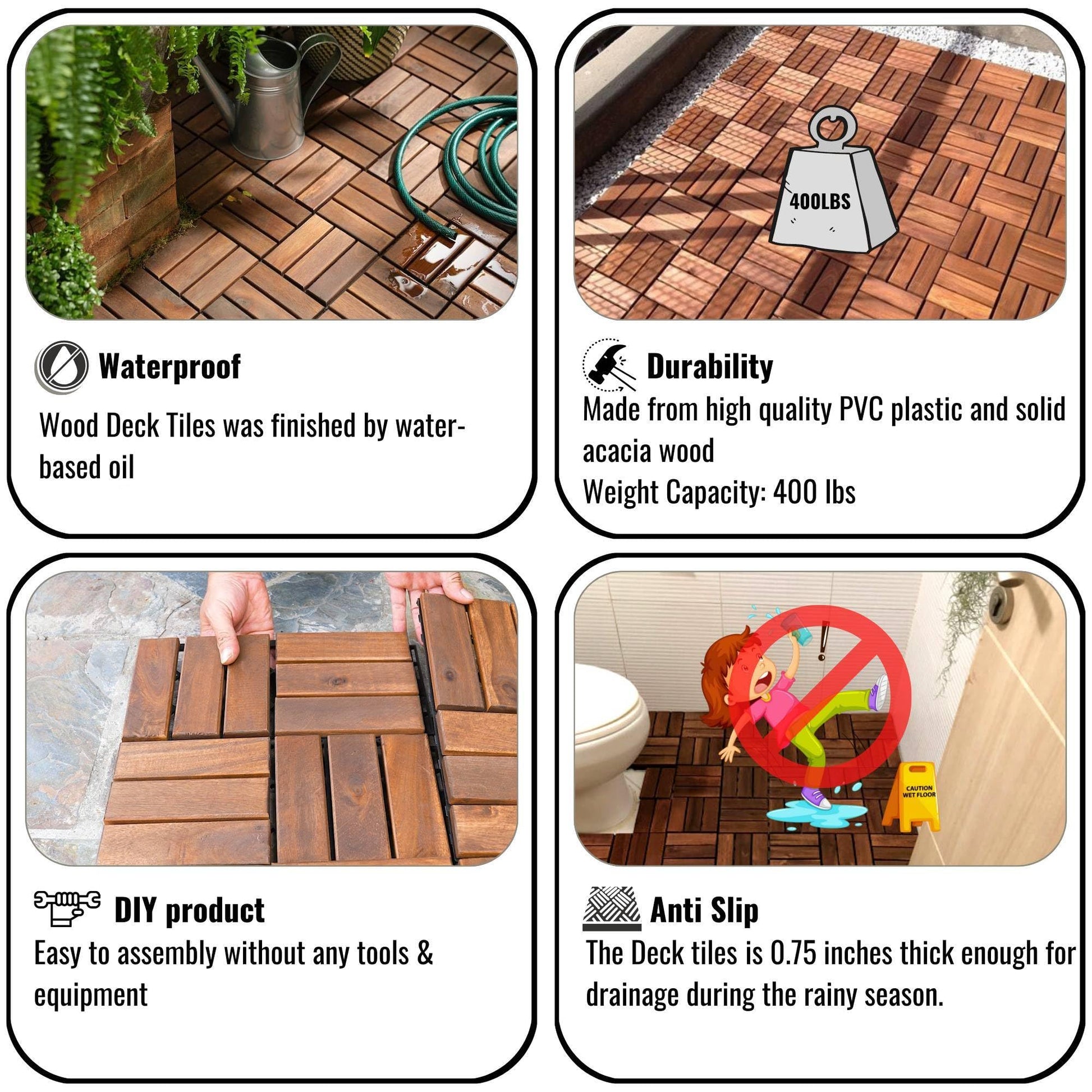 Dolonm Interlocking Solid Wood Deck Tiles, Golden Teak Wood for Flooring Tiles, for Patio Balcony Waterproof Both Indoor and Outdoor Decking Tile Brown 12 x 12 x 0.7 inches Pack of 10 - WoodArtSupply