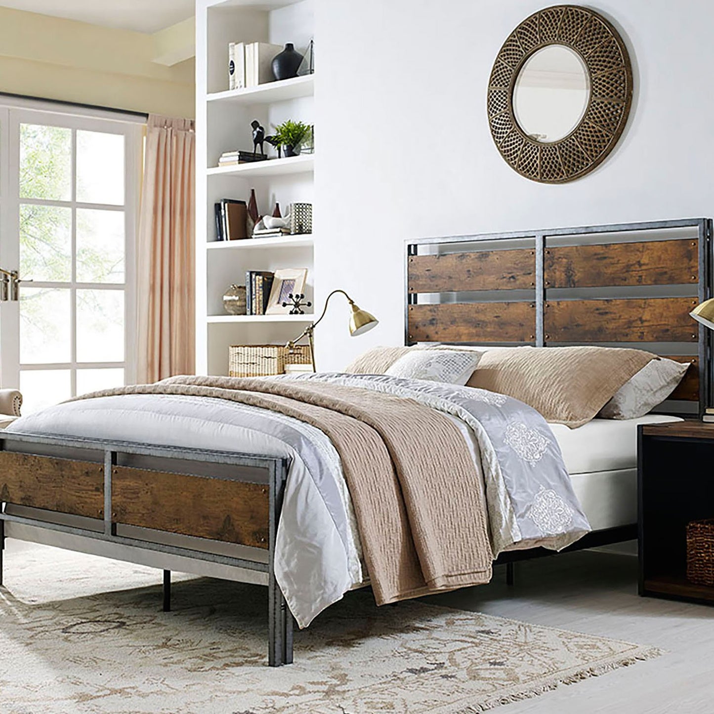 Rustic Queen Size Bed Frame with Metal Headboard and Footboard in Reclaimed Wood Finish - WoodArtSupply