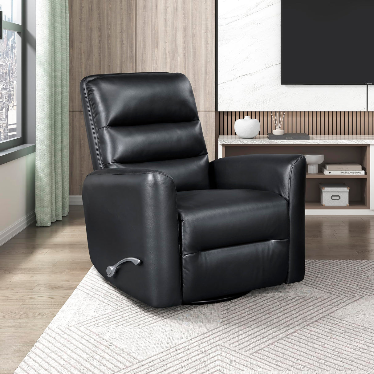 Lexicon Swivel Glider Recliner Chair, Comfy Nursery Glider, Faux Leather Recliner, Manual Reclining Chair for Living Room/Office/Apartment, Black Lexicon