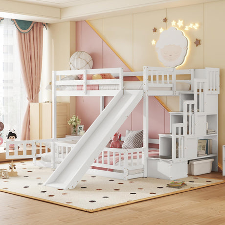 Twin Over Full Bunk Bed with Slide and Storage Staircase,Floor Bunk Beds,Kids Bunk Bed with Safety Guardrails,Low Bunk Bed for Girls Boys,White Bellemave