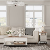 WAMPAT Farmhouse Coffee Table, with Yellow LED Lights, Large Rectangle Center Table with 1 Drawers and Open Storage Shelf for Living Room, 42", White/Oak, WAMPAT