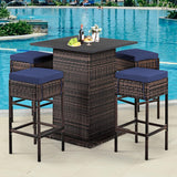 RELAX4LIFE 5-Piece Outdoor Bar Set, Wicker Rattan Bar Height Patio Set w/4 Cushion Bar Stools & Table with Hidden Storage, 5PCS Outdoor High Top Table and Chairs Set for Backyard Poolside (Navy Blue) RELAX4LIFE