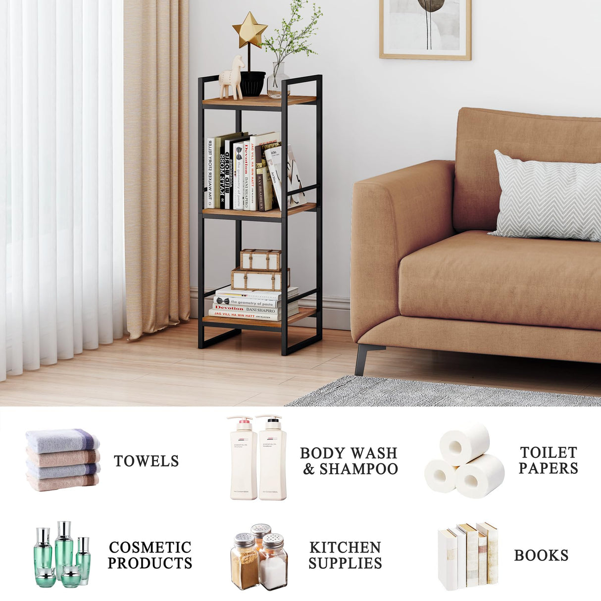 BYFU 3 Tier Bathroom Shelving Unit, Narrow Open Floor Shelves, Metal Corner Storage Rack for Bathroom Laundry Room Kitchen Living Room, Rustic Brown BYFU