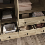 MOUMON 4 Rattan Door Wardrobe with Shelves and Drawers, Armoire Wardrobe with 2 Clothing Rods, Top Storage, Closet for Bedroom Oak 19" D x 59”W x 94.5”H MOUMON