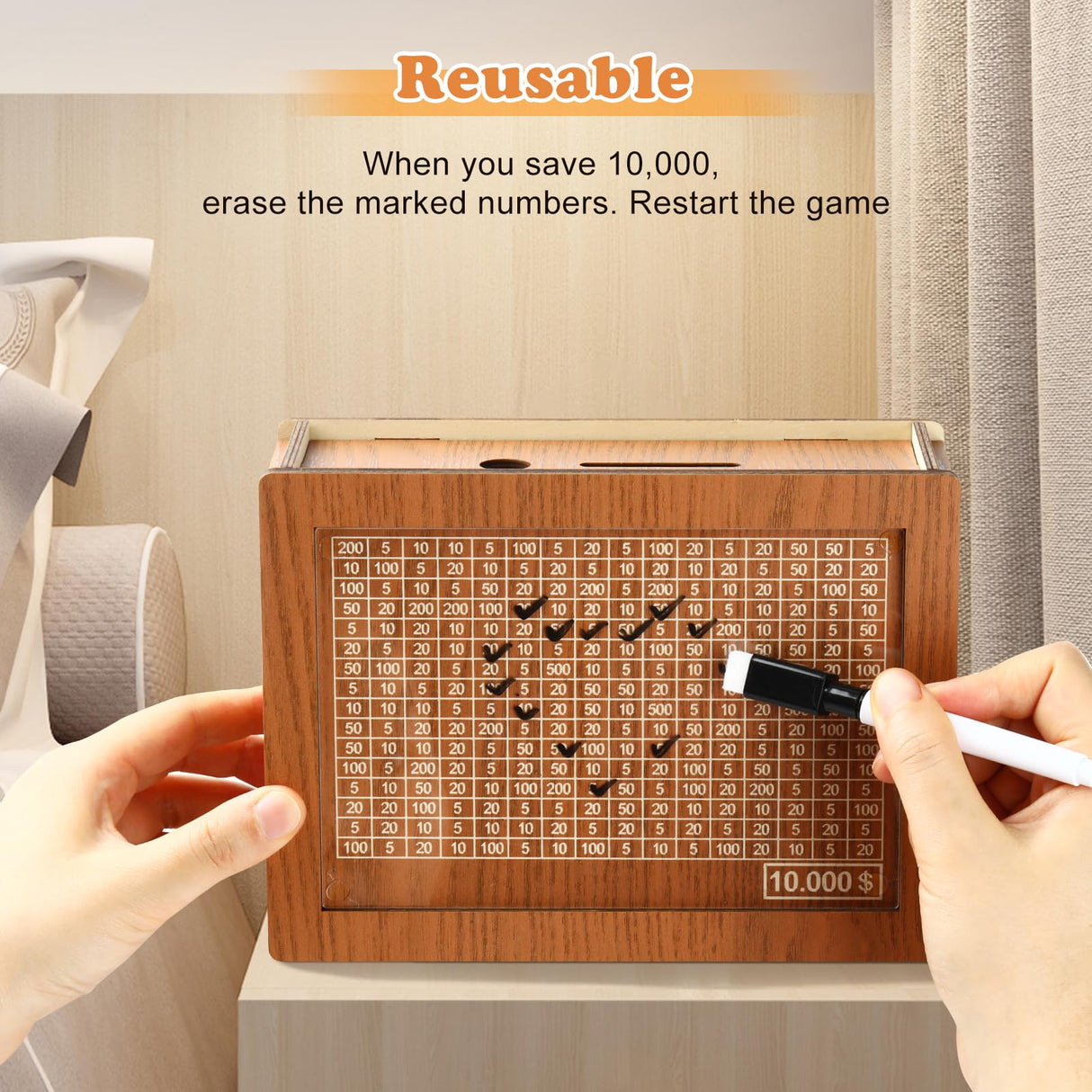 10000 Savings Challenge Box, Cashbox Kakeibo Money Box, Cash Vault Wooden Savings Box 10,000 Dollar, Wooden Digital Piggy Bank for Adults Kids, Money Save Box 10k Smash, Caja De Ahorros, Money Saver CVLDM