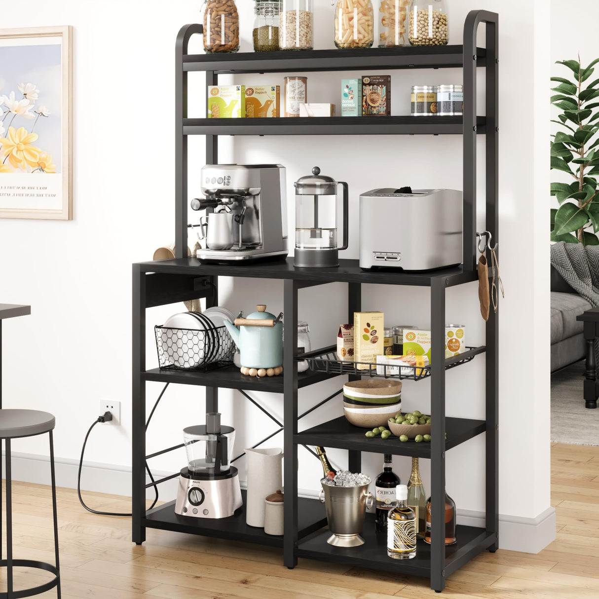 IDEALHOUSE Rustic Black Bakers Rack with Power Outlet & Large Storage - 6-Tier Kitchen Buffet Table IDEALHOUSE