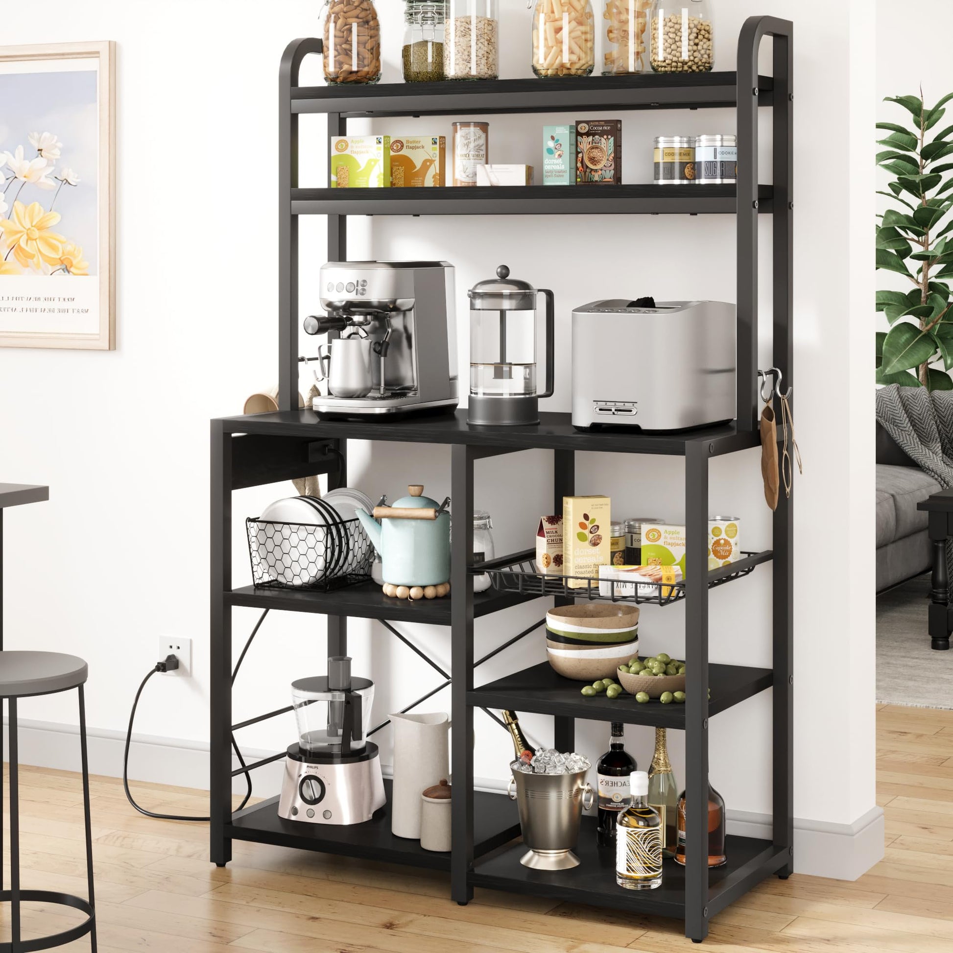 IDEALHOUSE Rustic Black Bakers Rack with Power Outlet & Large Storage - 6-Tier Kitchen Buffet Table - WoodArtSupply