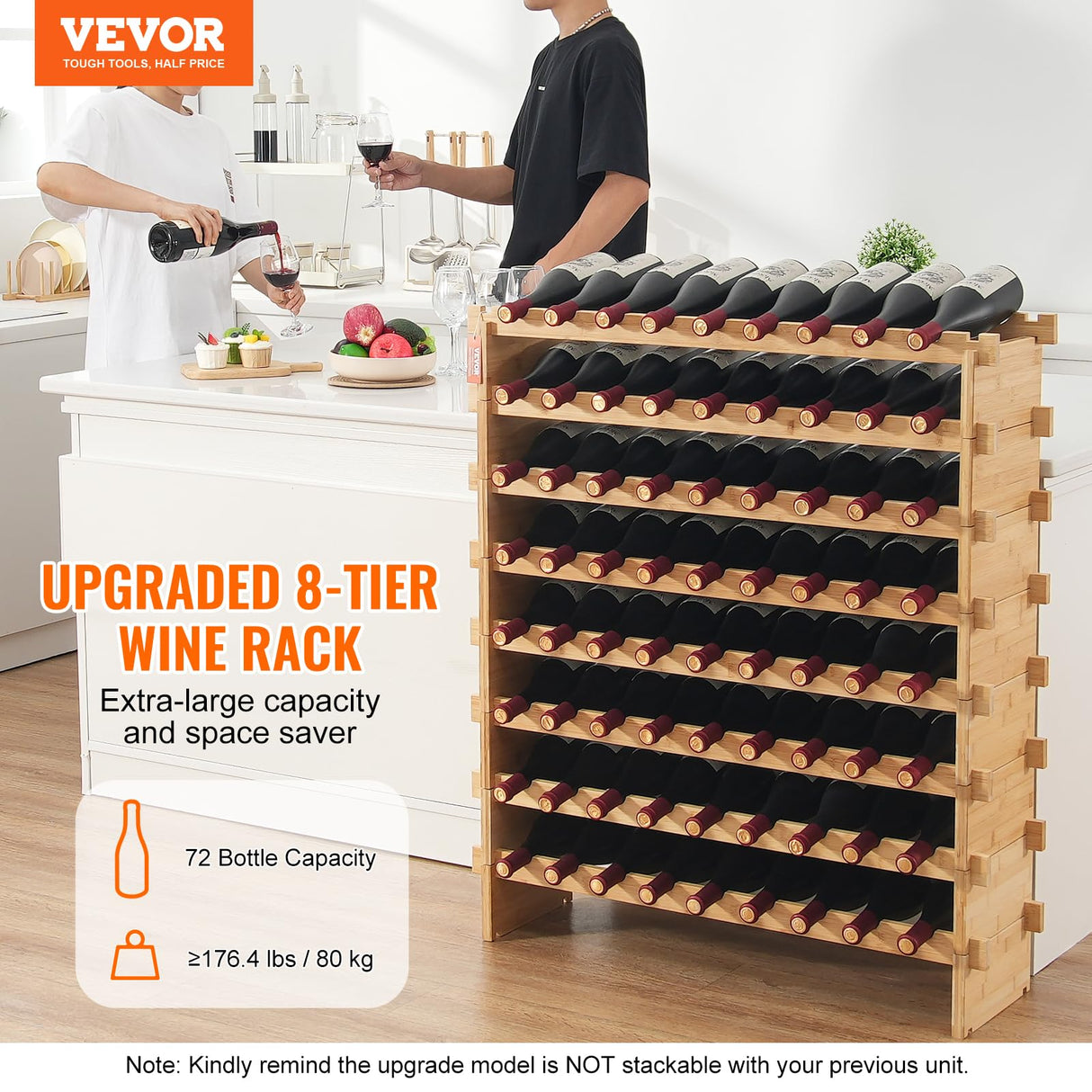 VEVOR 72 Bottle Upgrade Modular Wine Rack, Continuously Store Pinot Bottles, 8-Tier Bamboo Wood Storage Rack, Floor Freestanding Wines Holder Display Shelf, Wobble-Free Shelves for Kitchen Bar Cellar VEVOR