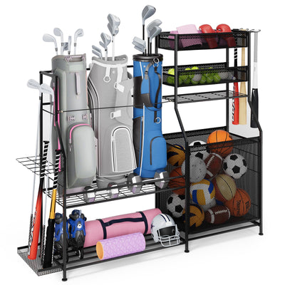 BOEASTER Garage Sports Equipment Organizer,3 Golf Bags Storage Stand,Heavy-Duty Ball Storage Rack with Basket and Hooks,Space-Saving Design for Toy Sports Gear Storage Indoor/Outdoor Use