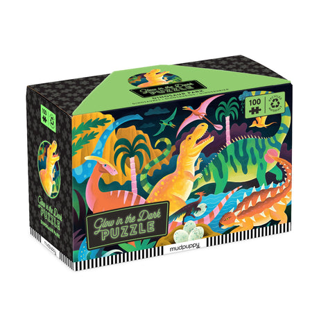 Mudpuppy Dinosaur Park – 100 Piece Glow in The Dark Jigsaw Puzzle with A Bold Scene of Marvelous Dinosaurs and Hidden Dino Skeleton Details in The Dark Mudpuppy