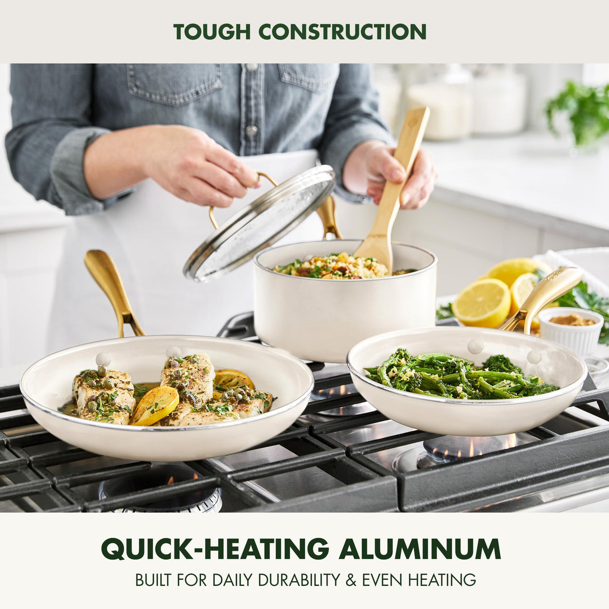 GreenPan Swift 12 Piece Cookware Pot and Pans Set, PFAS & PFOA-Free Healthy Ceramic Nonstick, Gold Stainless Steel Handle, Versatile Cooking Essentials, Dishwasher & Oven Safe, Cream GreenPan